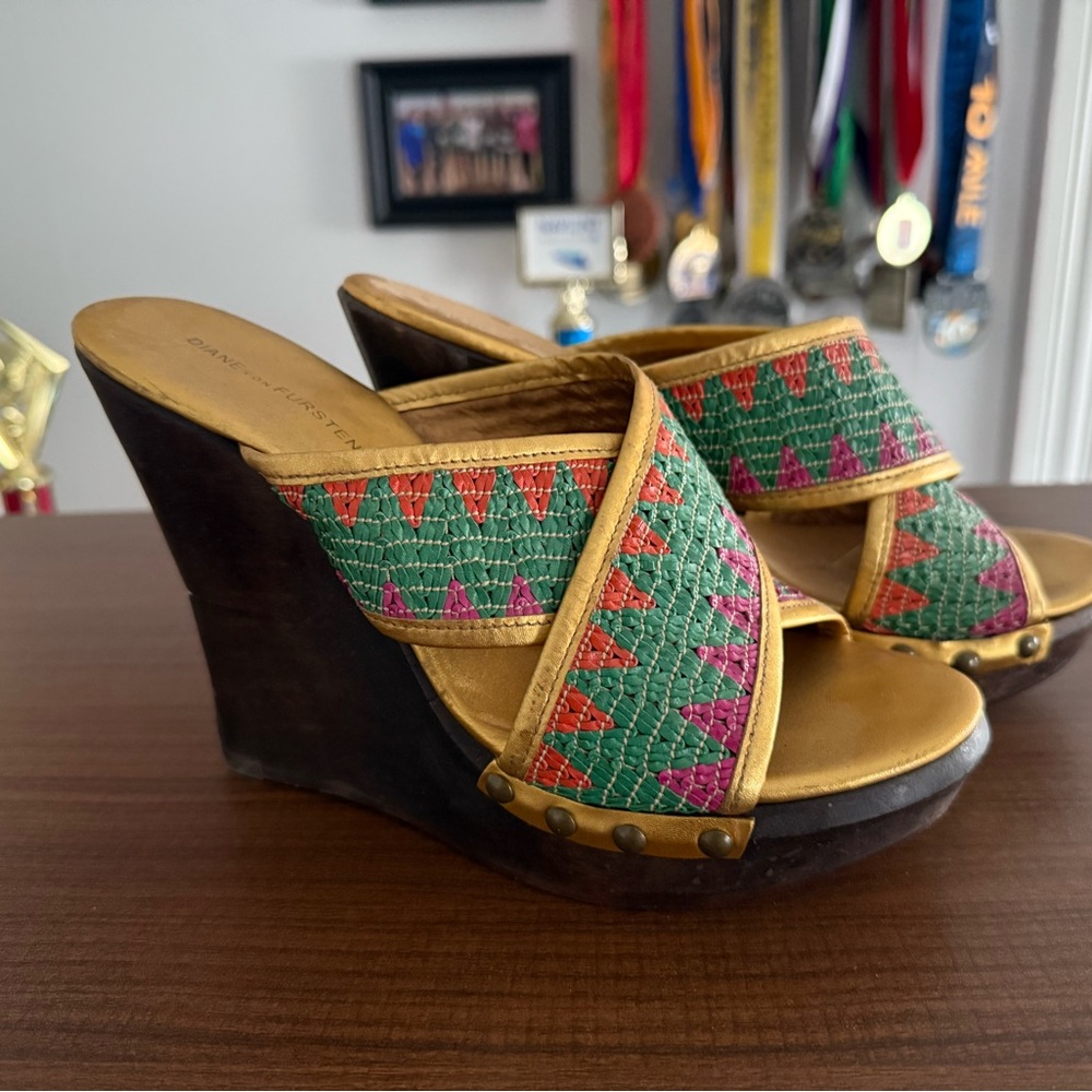 Diane Von Furstenberg Green and Purple Wedge Sandals